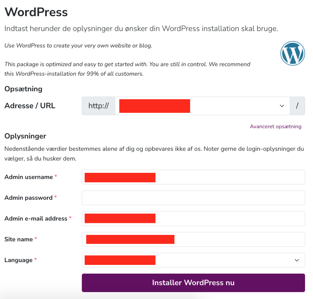 Opsætning af WordPress