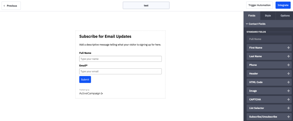active campaign inline form