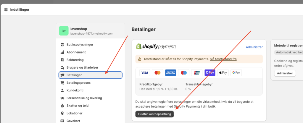 shopify payments aktiver